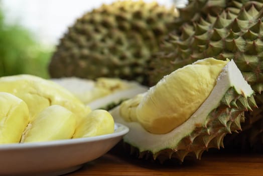 Durian is a king of fruit in Thailand and asia fruit have a spikes shell and sweet can buy at Thai street food and fruit market at agriculture farm