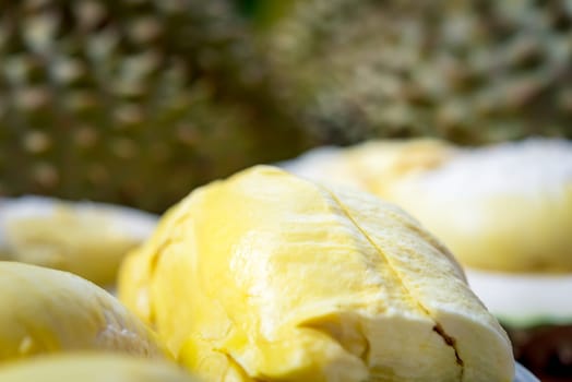 Durian is a king of fruit in Thailand and asia fruit have a spikes shell and sweet can buy at Thai street food and fruit market at agriculture farm