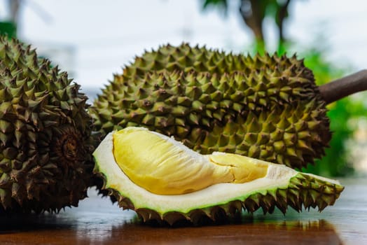 Durian is a king of fruit in Thailand and asia fruit have a spikes shell and sweet can buy at Thai street food and fruit market at agriculture farm