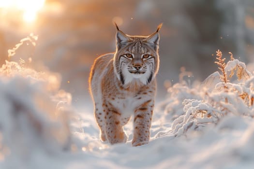 A carnivorous Lynx, a member of the Felidae family and resembling a small to mediumsized cat, stands in the snow, facing the camera with its whiskers and snout visible