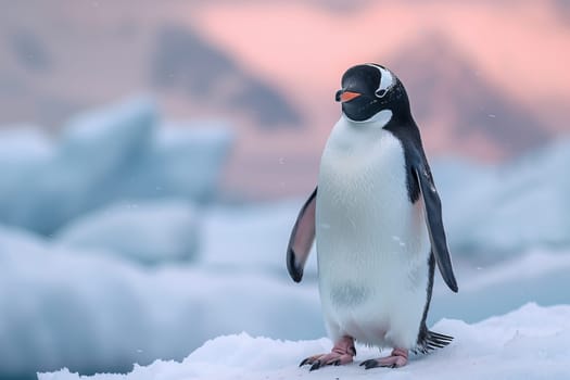 The flightless bird, a Penguin, stands atop a snowy pile with its wing fluffed out to keep warm in the freezing temperatures of the polar ice cap