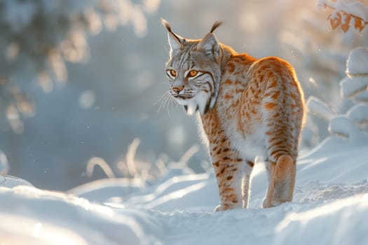 A Felidae carnivore, the lynx is a small to mediumsized cat with fawn fur, whiskers, and a bobbed tail. This terrestrial animal is standing in the snow, looking at the camera