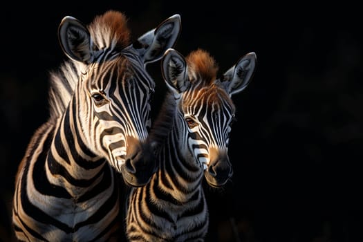 Two fawncolored zebras standing fluidly next to each other, their electric blue stripes creating a striking pattern against the darkness of the background