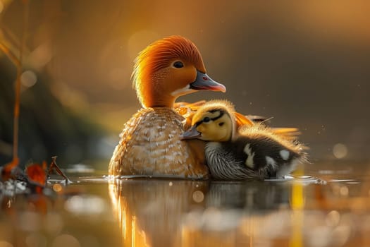 A mother bird with her duckling gracefully gliding on the liquid surface of the water, surrounded by the natural landscape. The ducks exhibit their feathered wings and beaks in the tranquil setting