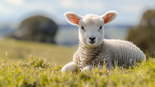 A lamb is peacefully resting in the grass, gazing at the camera with the vast natural landscape of the prairie in the background
