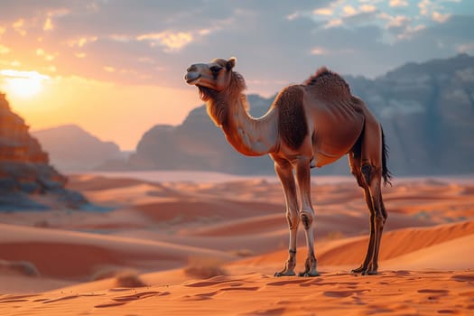 A camel, a camelid working animal, stands in the aeolian landscape of a desert at sunset, with the sky painted in shades of pink and orange