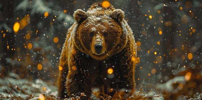 A terrestrial carnivore, the brown bear with its powerful snout walks through the snowy woods. Similar to the Kodiak bear, it is part of the Felidae family