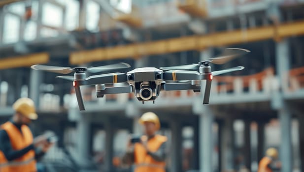 An engineering drone is surveying a construction site in the city. It is capturing footage of metal, wood, and machines at work