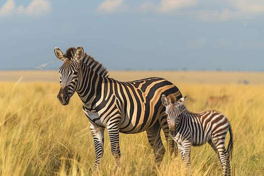 A pair of zebras graze peacefully in a lush field, surrounded by a variety of plant communities. The blue sky and fluffy clouds provide a picturesque backdrop to the natural landscape