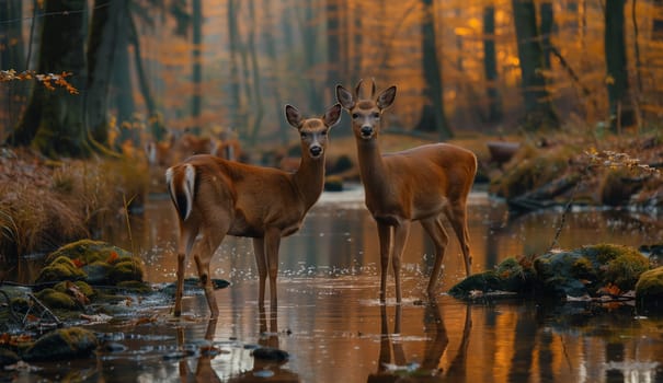 Two deer are peacefully standing in the stream, surrounded by the natural beauty of the woods. The serene landscape features grassy banks and a picturesque lake