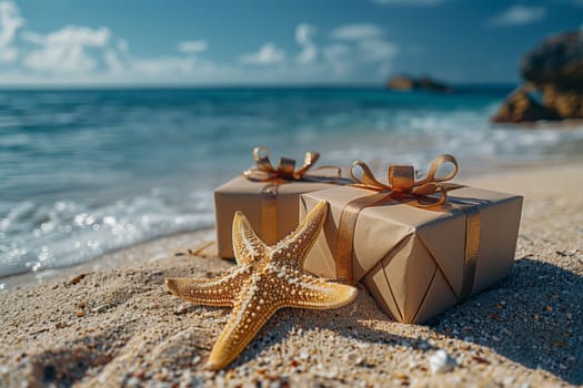 A gift box and a starfish are resting on the sandy beach next to the azure ocean. The tranquil scene is framed by a clear blue sky and fluffy clouds, creating a peaceful natural landscape