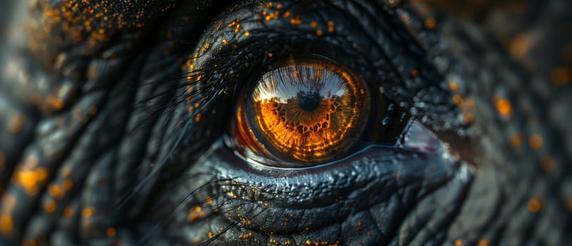 A closeup of an American crocodiles electric blue eye shows a reflection of a city, showcasing the intricate pattern of this terrestrial animals scaled reptile eye in mesmerizing macro photography