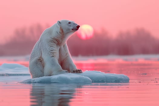 A carnivorous polar bear, a terrestrial animal, sits on a block of polar ice in the liquid water, under the sky in the icy landscape