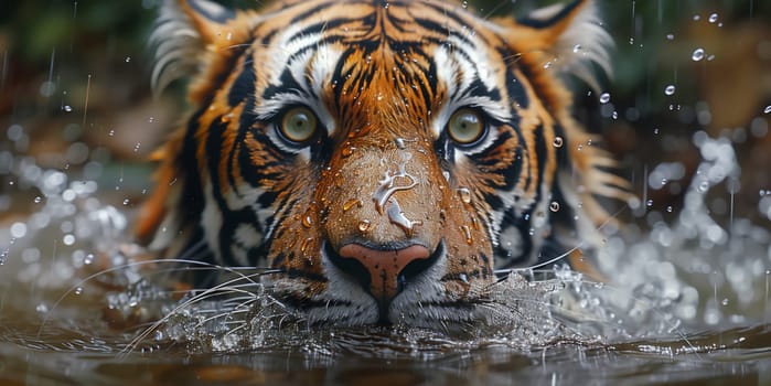 A Bengal tiger is swimming in the water, staring at the camera. This carnivorous organism, from the Felidae family of big cats, showcases its fawn fur and whiskers