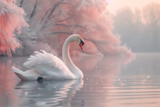 A graceful swan glides through the liquid surface of the lake, with towering trees in the background. Its elegant feathered body and beak create a stunning natural landscape