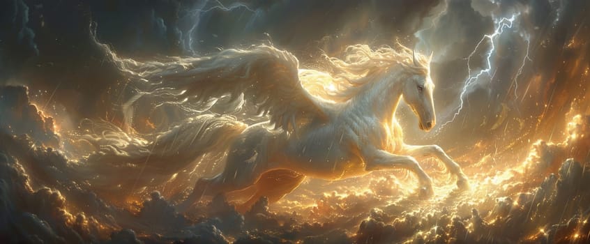 A majestic white Pegasus gallops through a sky filled with cumulus clouds, creating a stunning landscape for an artful painting