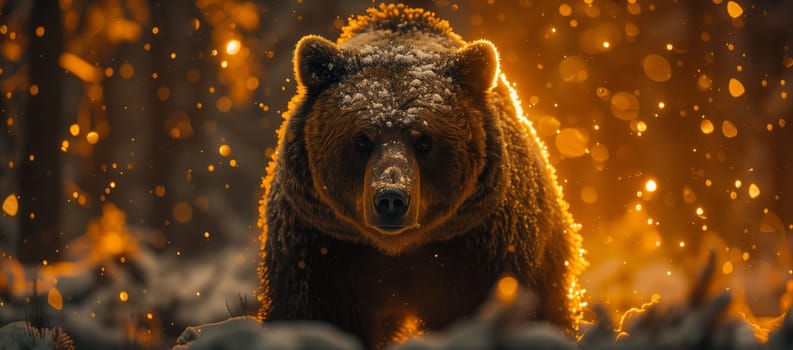 A carnivorous terrestrial animal, the brown bear, stands in the heart of a forest engulfed by fire among the darkness, a chilling event unfolding