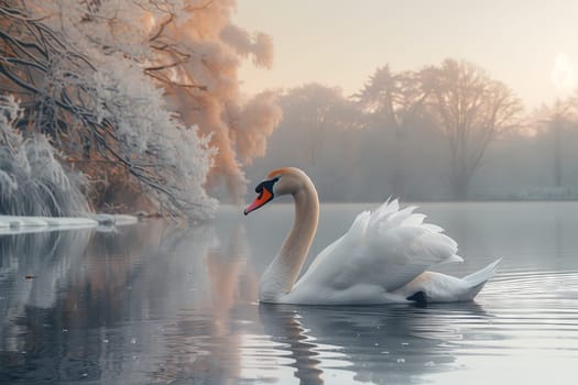 A beautiful swan gracefully glides through the icy waters of a frozen lake, its feathered body contrasting with the shimmering white landscape under the vast sky