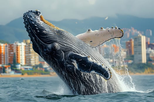 A humpback whale is breaching in front of a city, its massive fin cutting through the water as it leaps into the sky, with buildings and clouds in the background