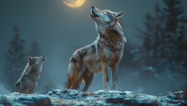 Two wolves emitting haunting howls under the moonlit sky in a dark wooded atmosphere, creating a captivating and eerie scene in nature