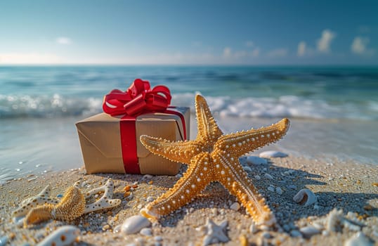 A marine invertebrate, the starfish, is resting beside a gift box on the sandy beach, with the sparkling water and blue sky creating a picturesque coastal scene