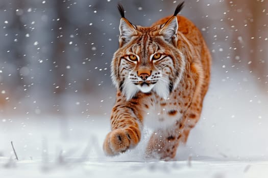 A small to mediumsized Felidae, the lynx, a carnivore with whiskers and a snout, is running through the snowcovered woods, adapted as a terrestrial animal hunting for prey like fawn