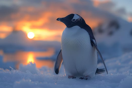 An Adlie penguin with electric blue coloring is standing in the freezing snow at sunset, its wing outstretched and beak pointed towards the sky