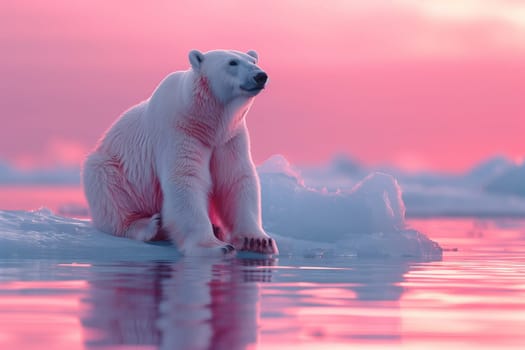 A polar bear, a carnivorous terrestrial animal, is perched on a floating piece of ice in the liquid water. This fluid environment is essential for this organisms survival in the wild