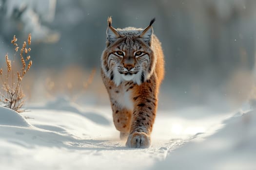 A Felidae Lynx, a carnivorous terrestrial animal from the family of small to mediumsized cats, is walking through the snowcovered woods, its whiskers twitching as it sniffs for prey like fawn