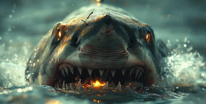 A shark with its jaw wide open swims through the dark water, showcasing its fangs as it navigates the fluid environment, like a fictional character from science fiction
