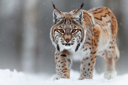 A Felidae carnivore, the lynx, with its distinctive whiskers, is a small to mediumsized cat standing in the snow, gazing at the camera with its intense eyes