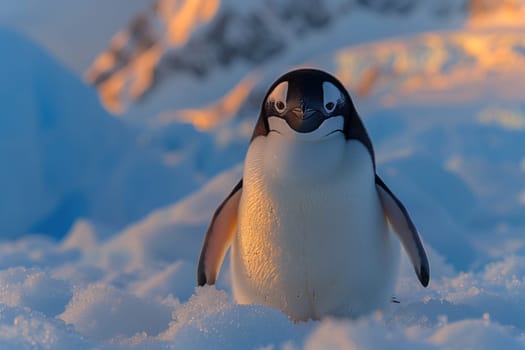 A flightless bird known as the Adlie penguin is standing in the snow, gazing at the camera with its beak and wings visible, under a cloudy sky