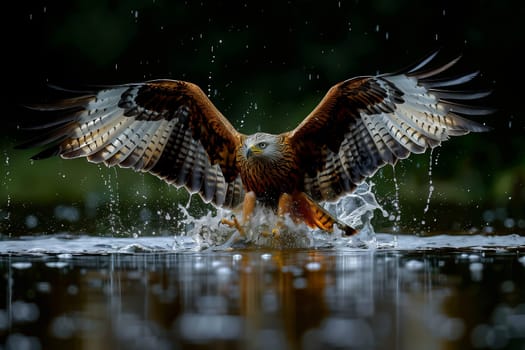 A bird of prey from the family Accipitridae is soaring over the water with its wings fully extended, showcasing its powerful wing structure and beak