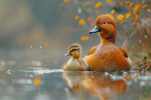 A mother duck and her duckling are gracefully gliding through the liquid landscape of a serene lake, surrounded by other waterfowl