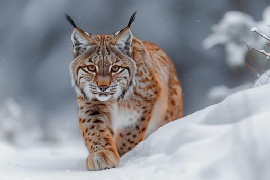 A carnivorous felidae species, the lynx, with whiskers and distinctive tufted ears, is walking through the snow and making eye contact with the camera