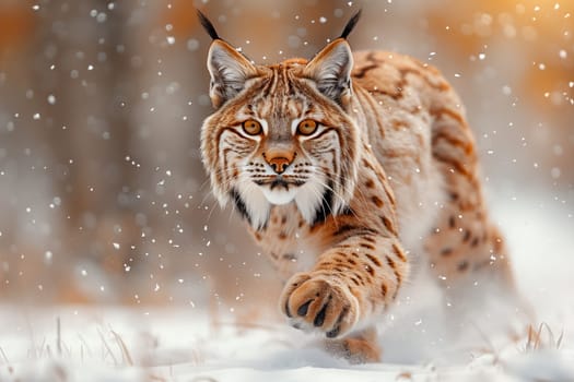 A Felidae carnivore with whiskers, a snout, and a coat of fur adapted to freezing temperatures, the lynx is running through the snow in the woods
