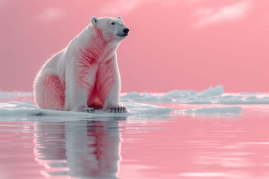 A carnivorous polar bear with a snout is sitting on a block of polar ice in the Arctic ocean, surrounded by liquid water, a terrestrial animal adapted to drink from icy waters