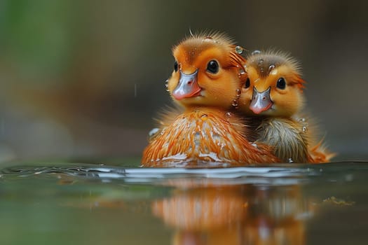Three ducklings with fluffy feathers are joyfully swimming together in the cool, refreshing water of the lake
