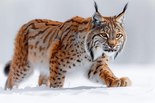 A carnivore from the Felidae family, the lynx, a small to mediumsized cat with whiskers, fur, and a catlike appearance, walks through the snow while looking at the camera