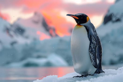 An Emperor penguin is perched on a snowcovered iceberg, overlooking the icy landscape. Its flightless form contrasting against the vast sky above