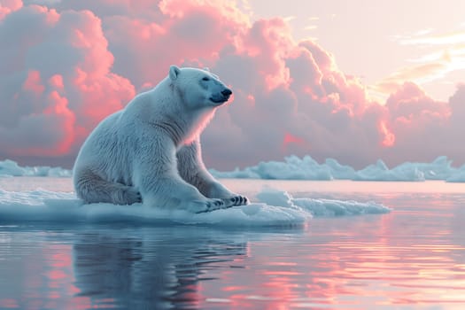 A polar bear, a carnivore, rests on a block of ice in the water, under a cloudy sky in its natural ecoregion, the polar ice cap, as a terrestrial animal in a beautiful natural landscape