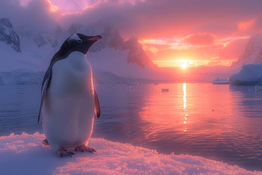 A penguin with a beak is perched on a snowcovered iceberg, gazing at the sunset over the water with a backdrop of colorful clouds in the sky