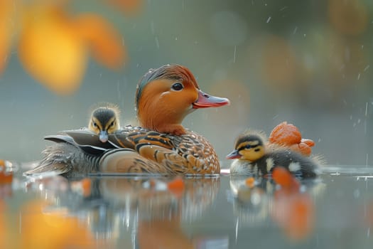 A duck and her ducklings are gracefully swimming in the lake, their feathers glistening in the water as they paddle along together