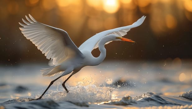 A seabird with white feathers is gliding gracefully over the shimmering surface of the water, showcasing its elegant wings and beak