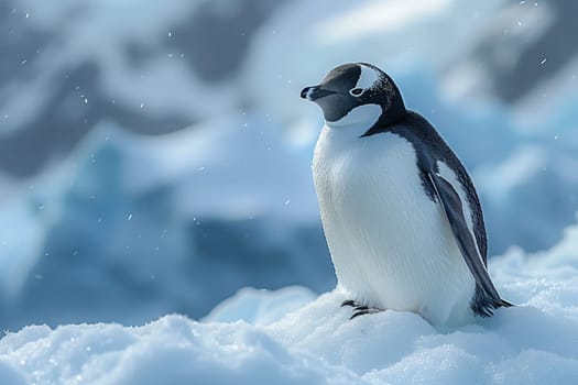 The Adlie penguin, a flightless bird with an electric blue beak, is perched atop a heap of freezing snow. This terrestrial animal cannot fly but uses its wings to swim gracefully in the icy waters
