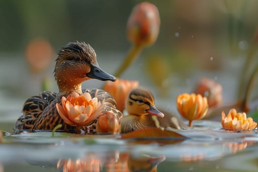 A mother duck and her ducklings are gracefully swimming in a pond filled with water lilies, surrounded by a beautiful natural landscape of waterfowl and liquid
