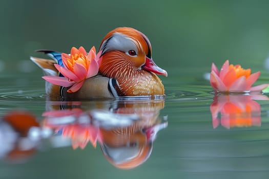 A Mandarin duck gracefully swims in a pond adorned with water lilies, creating a picturesque natural landscape with other ducks, geese, and swans