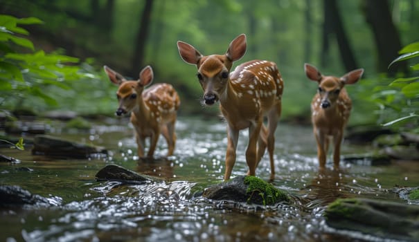 Three fawns are playfully standing in a stream surrounded by a natural landscape of grass and terrestrial plants in the woods