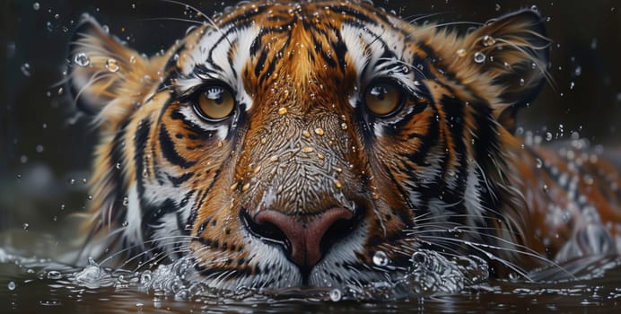 A Bengal tiger, a species of big cats and a terrestrial animal, swims in the water while gazing at the camera with its whiskers, belonging to the Felidae family