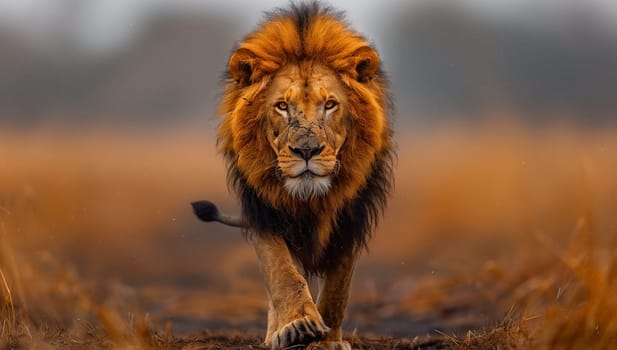 A Masai lion, a member of the Felidae family and a carnivorous terrestrial animal, is strolling through a grassy field in its natural habitat. Its whiskers twitch as it spots a fawn in the distance